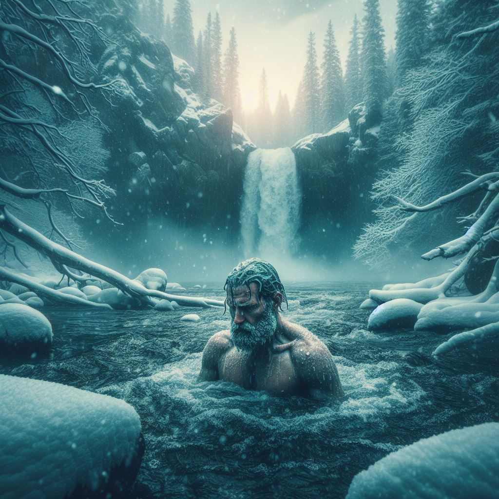 Man with grey hair and beard submerged in a natural pool of cold water in nature.