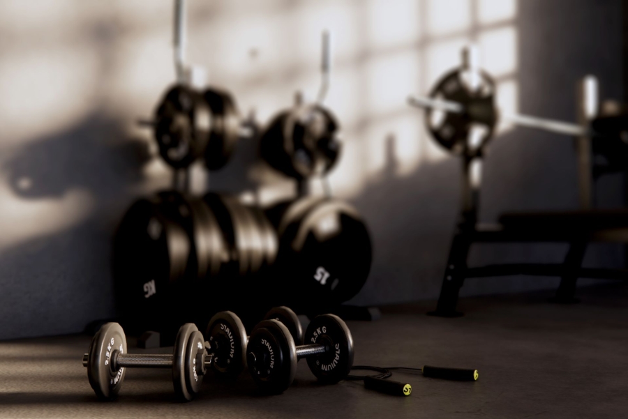 Dumbbells in foreground and olympic barbell and olympic Bench in background. 